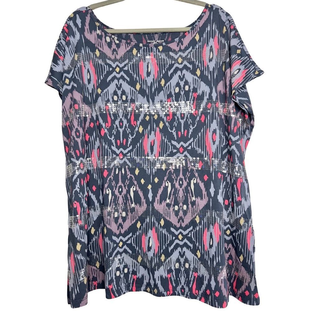 DKNY NWOT Blue Colorful Sequin Short Sleeve T-Shirt Womens Plus Size 2X - 22/24